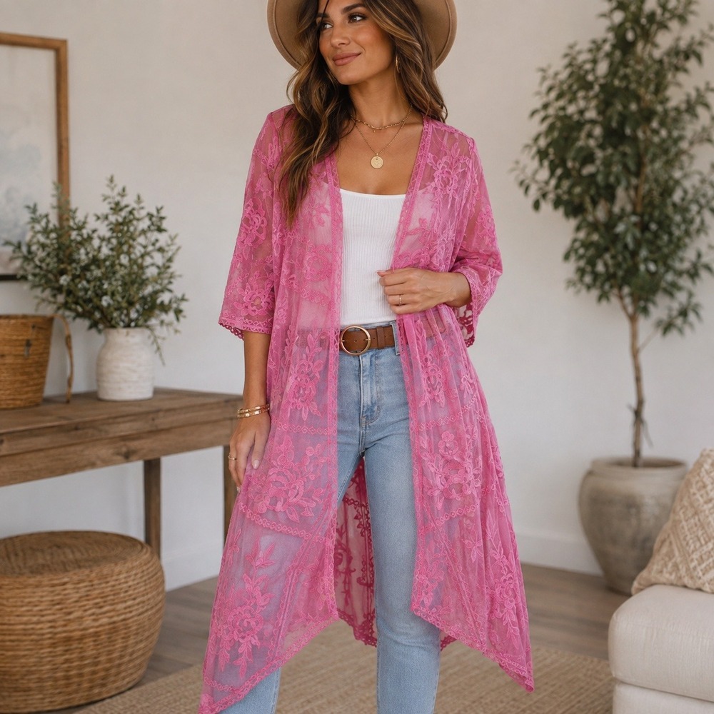 Savanna Jane Kimono Duster Pink Floral Lace Mesh Longline Cardigan M/L T12564-1